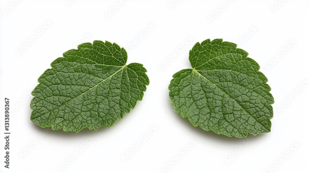 Close-Up View of Two Green Leaves on a White Background Close-Up View of Two Green Leaves on a White Background