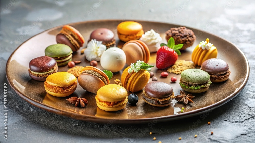 Φωτογραφία A delightful assortment of colorful pastries arranged on a rustic plate, featuring macarons in various flavors and colors, alongside other sweet treats and garnishes