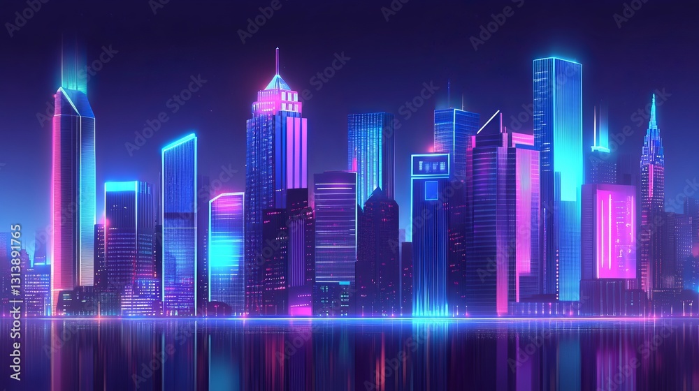 Explore a vibrant view of a futuristic city skyline at night, showcasing smart city infrastructure with clean lines and neon lights for an innovative urban design. Explore a vibrant view of a futuristic city skyline at night, showcasing smart city infrastructure with clean lines and neon lights for an innovative urban design.