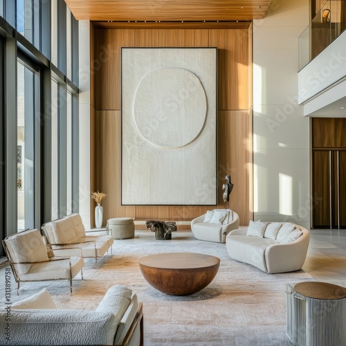 Luxury hotel lobby with modern furniture, high ceilings, and elegant lighting. Spacious lounge area with beige sofas and decorative elements. Generative AI.