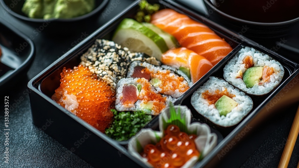 Colorful bento box featuring a variety of neatly arranged sushi for a delightful lunch experience. Colorful bento box featuring a variety of neatly arranged sushi for a delightful lunch experience.