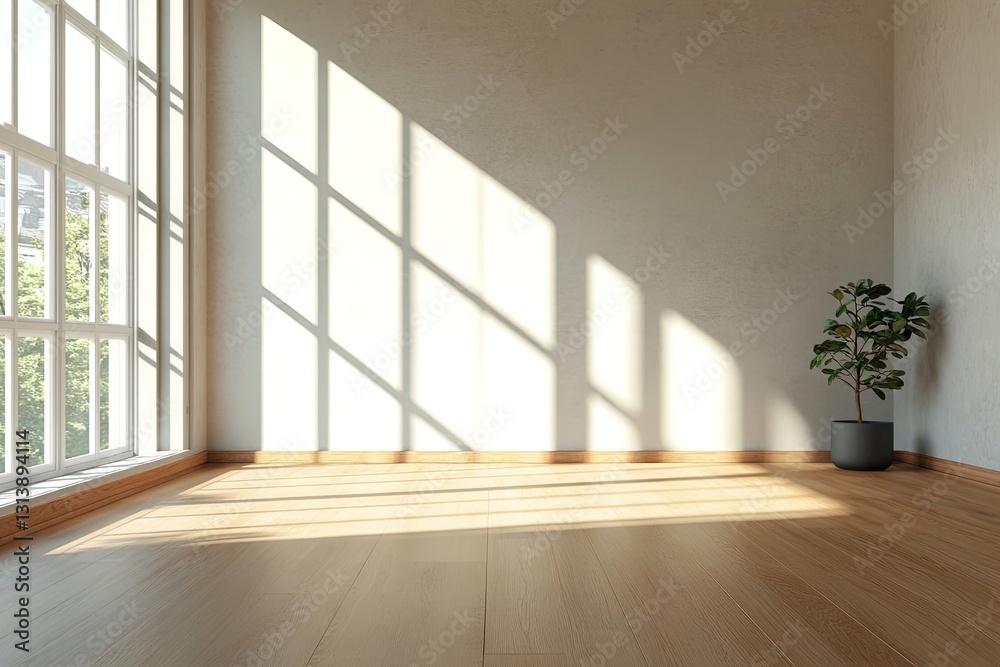 Fototapeta premium Natural light fills a spacious indoor area with a small plant near the window in a modern building