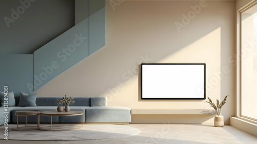 Modern Minimalist Living Room With Blue Sofa And Blank TV