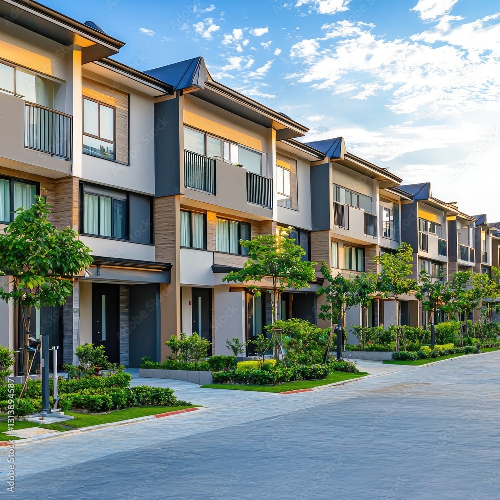 Contemporary townhouses with landscaped front yards in a residential neighborhood. Sustainable housing development with modern architecture. Generative AI. Contemporary townhouses with landscaped front yards in a residential neighborhood. Sustainable housing development with modern architecture. Generative AI.