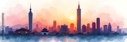 Taipei capital city skyline with monument landmarks Travel Taiwan Tourism Panaroma Cityscape Urban Architecture Watercolor illustration banner