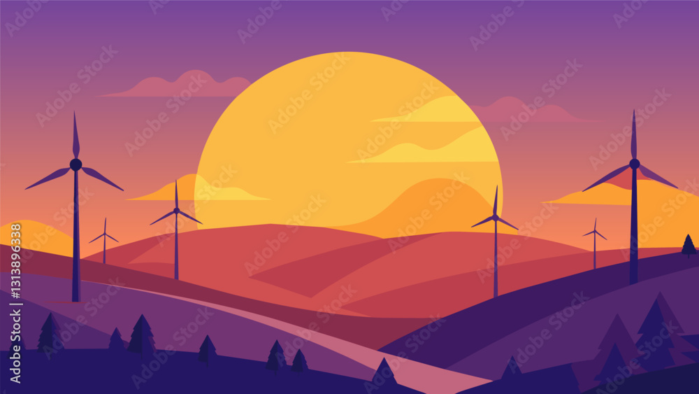 Obraz premium As the sun dips below the horizon the wind turbines continue to spin providing clean energy for the night ahead.. Vector illustration