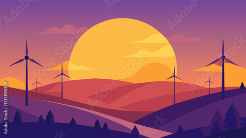 As the sun dips below the horizon the wind turbines continue to spin providing clean energy for the night ahead.. Vector illustration