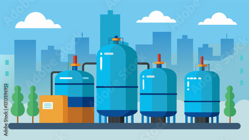 Industrialsized tanks holding compressed natural gas carefully monitored and maintained to meet the needs of the city.. Vector illustration