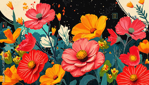 Wallpaper Mural Vibrant Stylized Cosmos Floral Art with Dark Background Torontodigital.ca