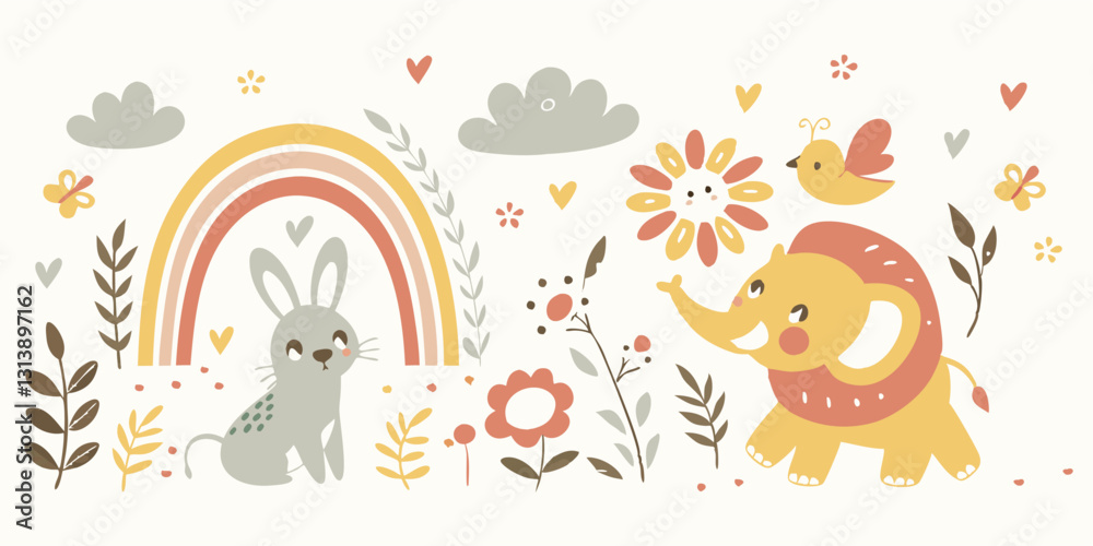Naklejka premium Cute Boho Safari Animals Illustration – Pastel Lion, Elephant, Rainbow & Nature Elements