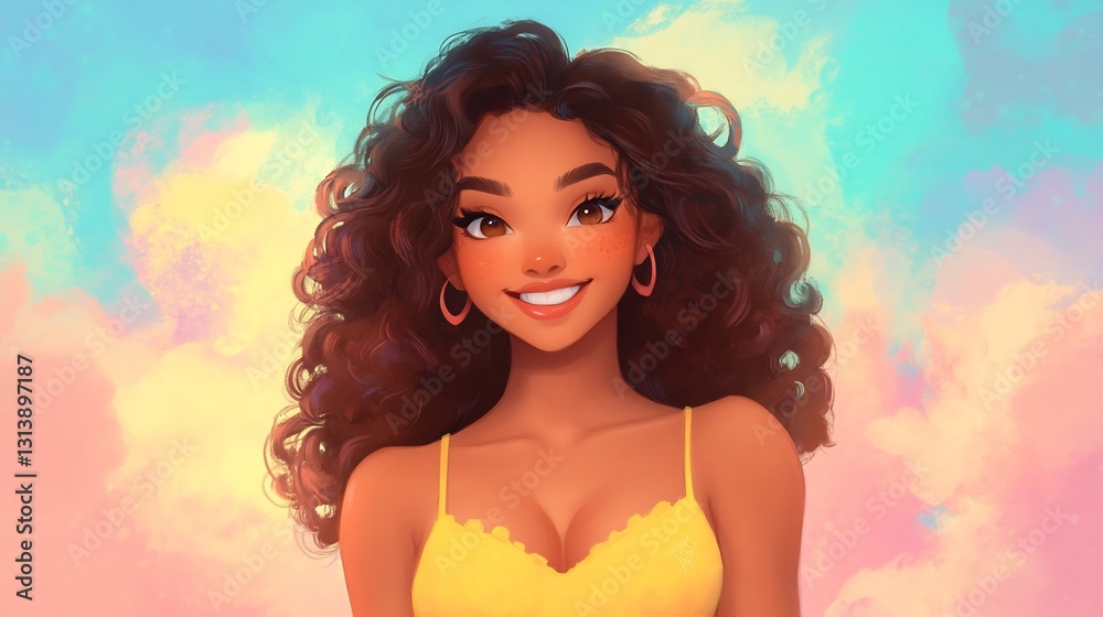 Latina woman curly auburn hair pastel yellow sundress joyful pose Latina woman curly auburn hair pastel yellow sundress joyful pose