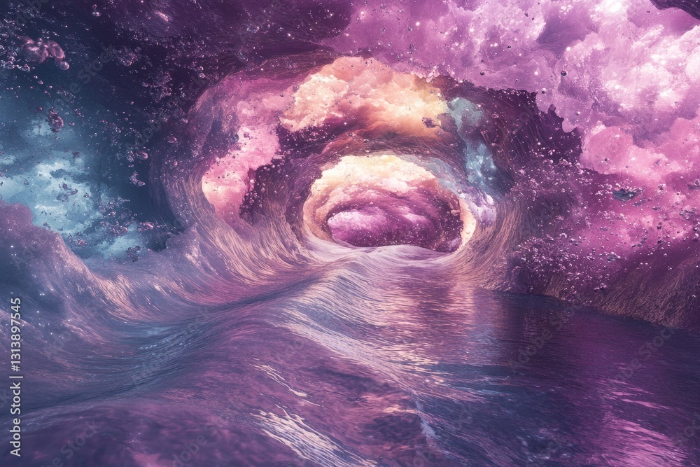 Fototapeta premium A purple and blue ocean with a purple wave. The ocean is full of stars and the sky is filled with clouds