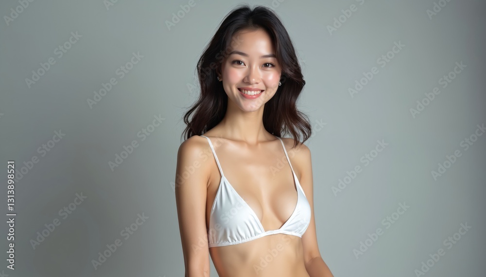 Fototapeta premium Young asian woman smiles, wears white bikini bra. Pretty adult girl posing on light grey studio background. Beauty, fashion and sport concept, hot slim figure, attractive body, fitness lifestyle.