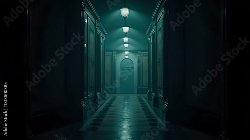 a grand building at night  dimly lit corridors  closed doors  mysterious atmosphere 