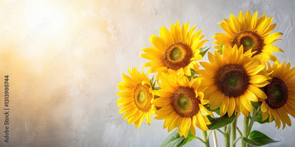 Obraz premium Vibrant yellow sunflowers arranged in a lovely bouquet against a softly textured background illuminated by warm sunlight.