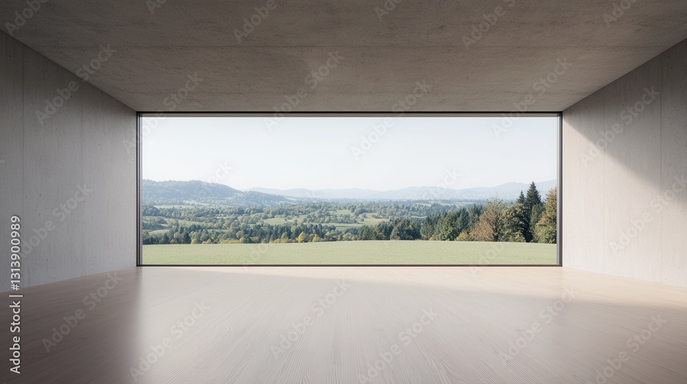 Fototapeta premium Serene Modern Interior with Expansive View of Lush Green Landscape