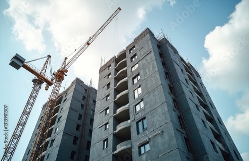Residential building construction site with wall facade thermal insulation. Modern energy efficiency heat saving tech. Apartment exterior renovation with scaffolding and crane under blue sky.