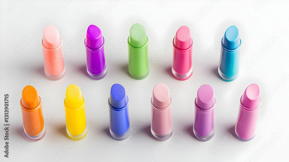 Twelve Colorful Lipsticks Arranged on A White Background in Studio Lighting for Beauty and Fashion Photography Twelve Colorful Lipsticks Arranged on A White Background in Studio Lighting for Beauty and Fashion Photography