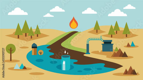 The depletion of precious water resources from surrounding areas due to extensive draining of peatland for fuel.. Vector illustration