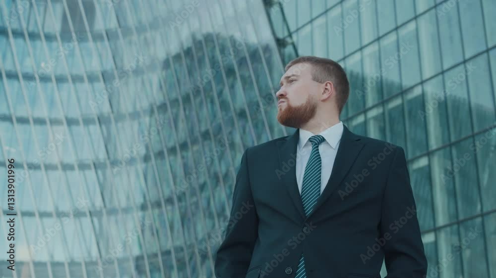 Low angle tilt-up shot of bearded businessman in a suit with hands in his pockets, gazing leftward before modern glass building Low angle tilt-up shot of bearded businessman in a suit with hands in his pockets, gazing leftward before modern glass building