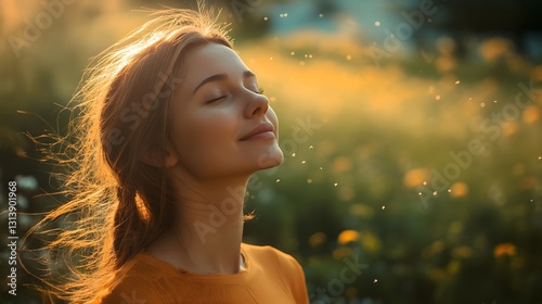 Peaceful woman embracing natural serenity in golden sunset field