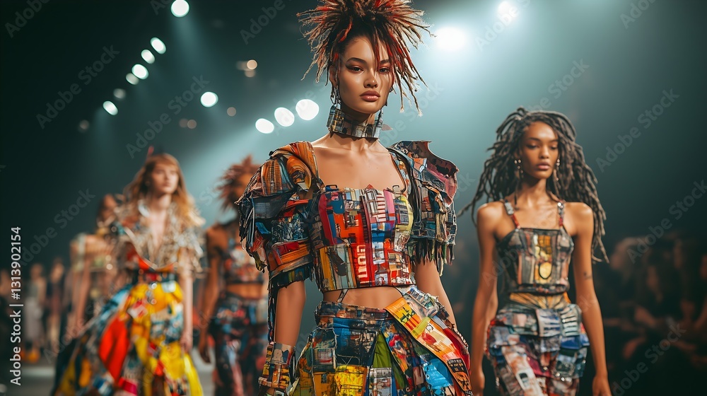 Fototapeta premium Fashion show features models wearing vibrant recycled materials on the runway during a lively event in a large auditorium