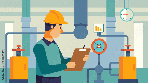 An engineer with a clipboard checking pressure levels inside a noisy boiler room pausing to tighten a bolt or adjust a valve before moving on to the. Vector illustration
