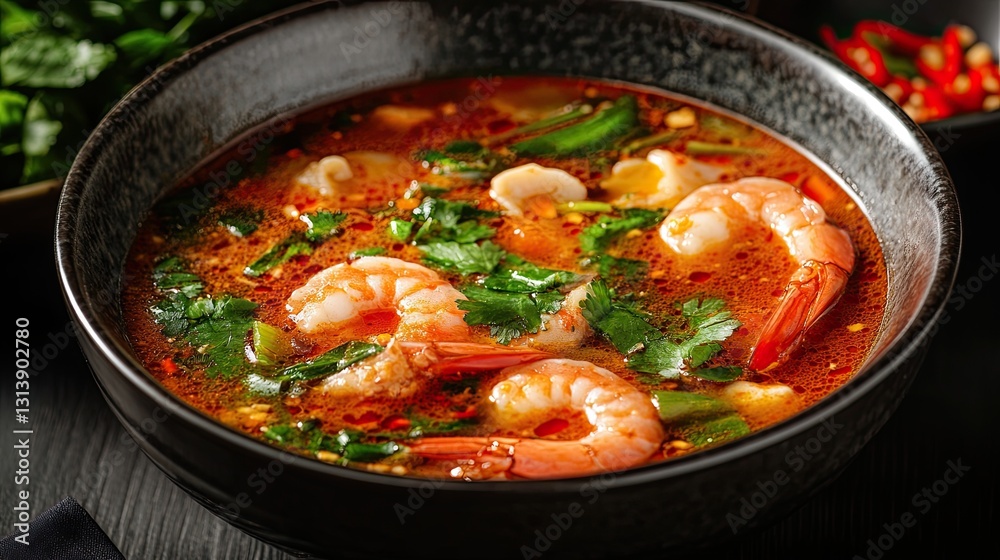 Authentic Thai tom yum soup with shrimp chili lime and fresh herbs in black bowl Authentic Thai tom yum soup with shrimp chili lime and fresh herbs in black bowl