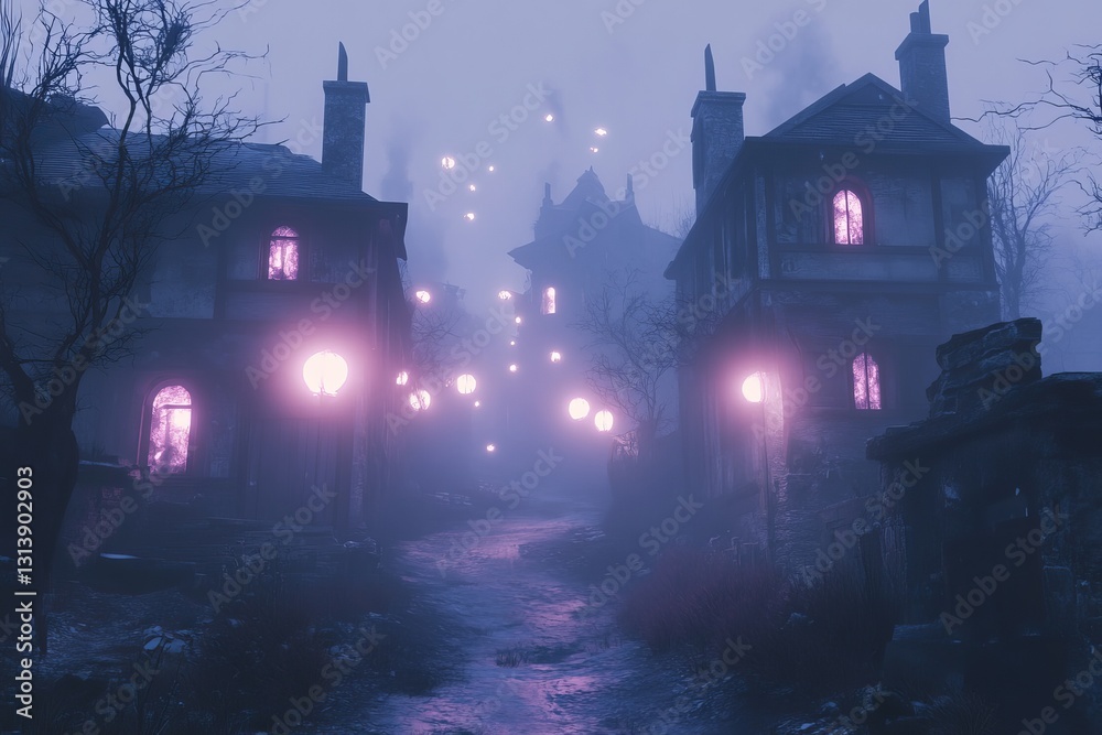 A mysterious street scene enveloped in fog features glowing lanterns and eerie houses, creating a surreal and tranquil atmosphere perfect for storytelling. A mysterious street scene enveloped in fog features glowing lanterns and eerie houses, creating a surreal and tranquil atmosphere perfect for storytelling.