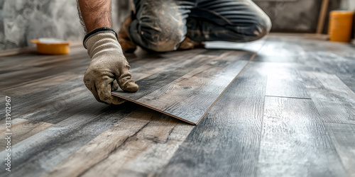 Wallpaper Mural construction worker rolling out vinyl flooring over a wooden floor in a modern home, emphasizing renovation, home improvement, and interior design. Torontodigital.ca