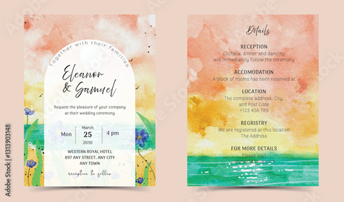 Watercolor Sunset Sea and Blue Floral Field Wedding Invitation Template