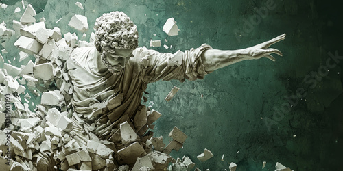 Dynamic transition of a crumbling statue reforming into a dancing figure, stone shards