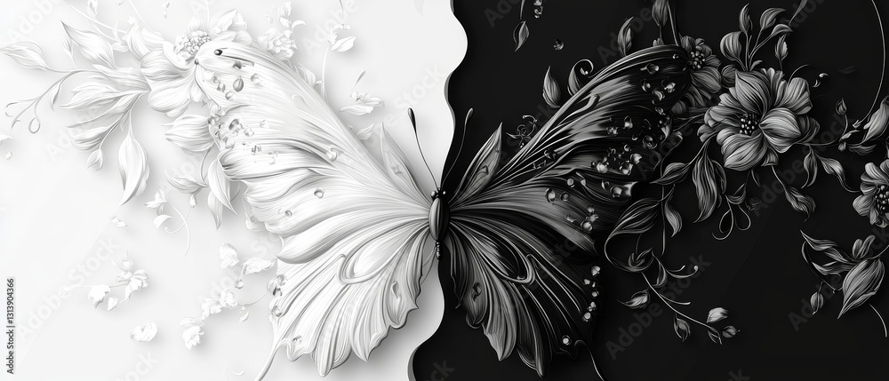 custom made wallpaper toronto digitalElegant Butterfly Art with Black and White Floral Background
