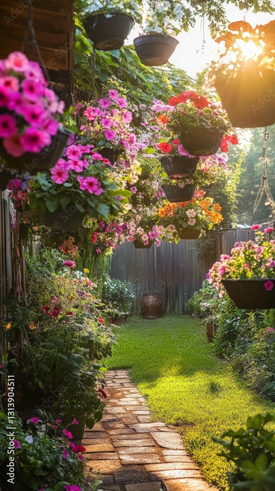 Obraz premium Vibrant Flower Garden Pathway with Hanging Baskets at Sunset