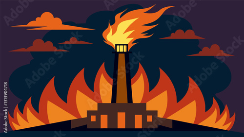 Ferocious flames roar from the incinerator highlighting the intense heat needed for energy generation.. Vector illustration