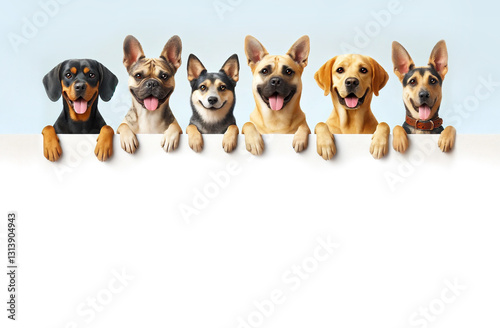 Adorable Dogs Peeking Over a White Wall, Perfect for Website Banners, Row of Cute Dogs Peeking Over a Blank White Sign, Ideal for Social Media