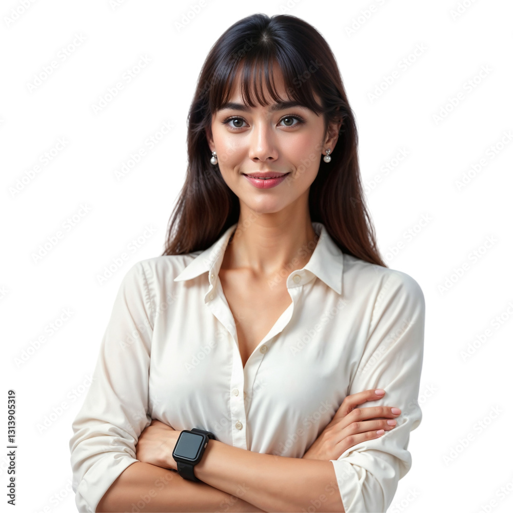 Confident businesswoman in white blouse with smartwatch poses elegantly for professional office portrait.Business Woman Portrait. Confident businesswoman in white blouse with smartwatch poses elegantly for professional office portrait.Business Woman Portrait.