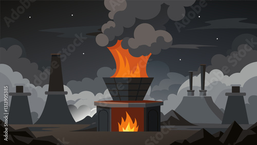 The air is thick with the pungent smell of burning coal and the sound of clanking metal as the furnace operates at full capacity.. Vector illustration