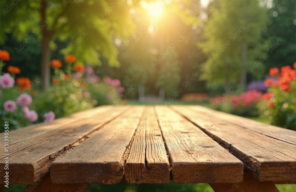 Wooden table top background with blurred flowers and plants. Garden picnic table with sunlit nature backdrop. Empty wood surface with bokeh for product display. Wooden table top background with blurred flowers and plants. Garden picnic table with sunlit nature backdrop. Empty wood surface with bokeh for product display.