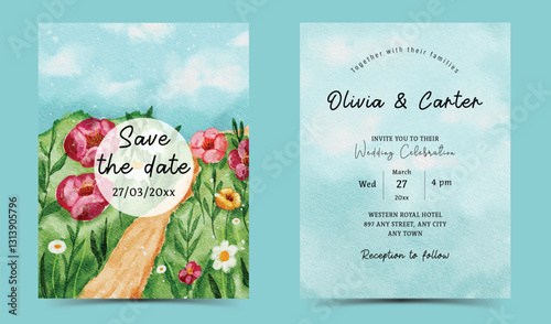 Watercolor Flowers Field with garden path and a soft blue sky Wedding Invitation Template