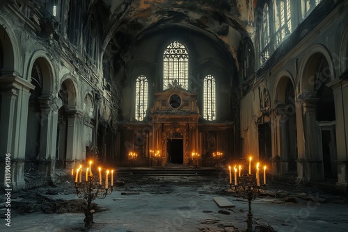 Explore the haunting beauty of an abandoned church  softly illuminated by flickering candlelight. The dramatic shadows and rich textures evoke a sense of mystery and solitude.