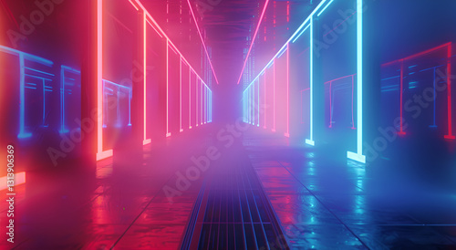 Futurystyczny korytarz z neonowym o  wietleniem w r    u i b    kicie     koncepcja cyberprzestrzeni i nowoczesnej technologii
