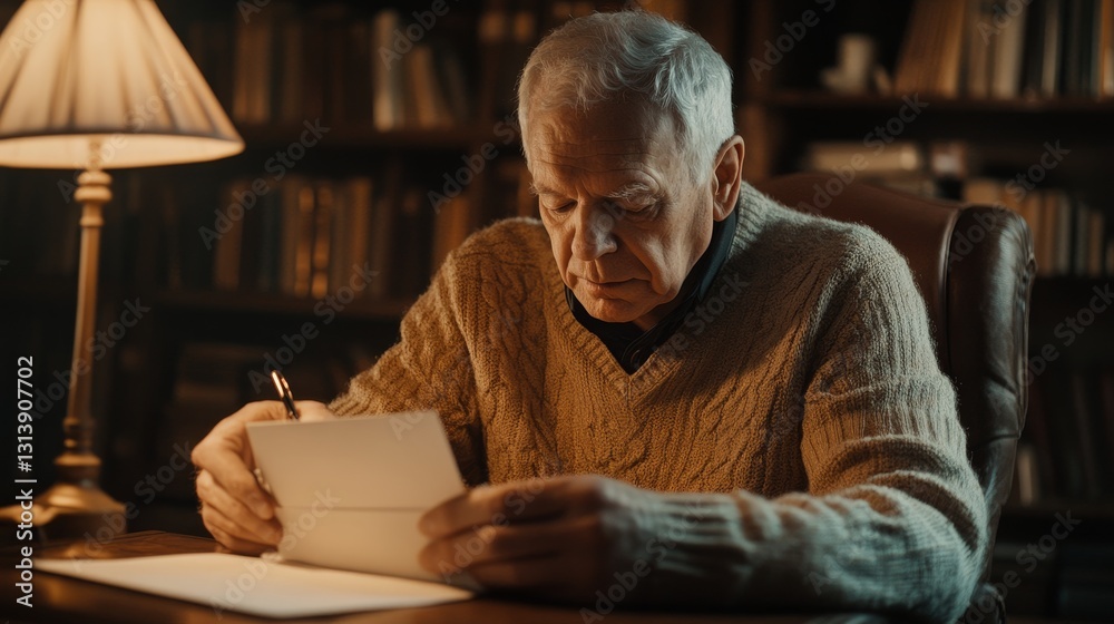 Thoughtful elderly man reading letters in cozy library setting with warm lighting Thoughtful elderly man reading letters in cozy library setting with warm lighting