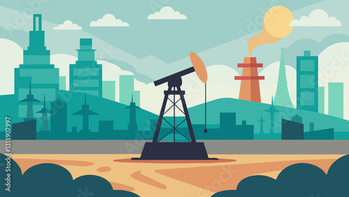 The lonely oil well cap stands mute in the midst of a bustling city a symbol of the past role of fossil fuels in urban development.. Vector illustration