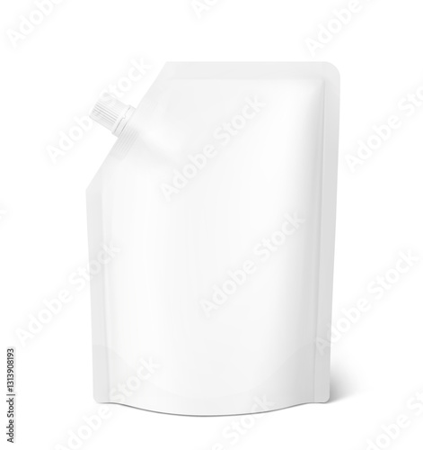 Realistic stand pouch bag with corner spout mockup. Vector illustration isolated on white background. Front view. Can be use for template your design, presentation, promo, ad. EPS10.	
