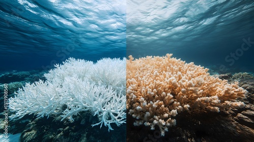 Comparison of healthy and bleached coral reefs in a vibrant underwater ecosystem photo