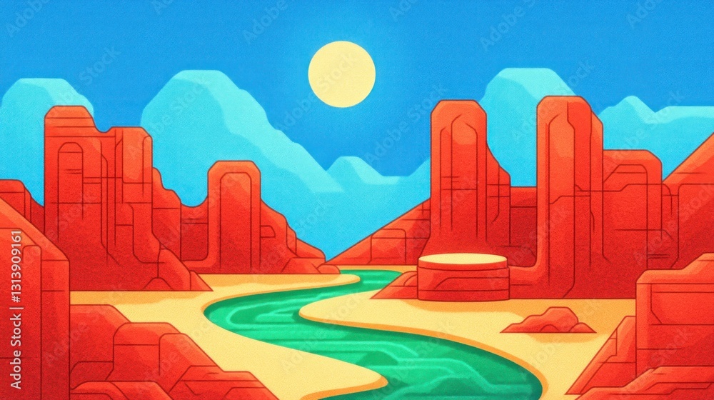 Desert river flowing through canyon, with mountains, sun, and blue sky in the background Desert river flowing through canyon, with mountains, sun, and blue sky in the background