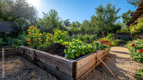 Colorful garden blooms with vegetables growing under a bright blue sky on a sunny afternoon