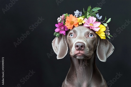 Isolated warm light green background, copy space, digital ads creative. Professional studio artwork. Cute baby dog bichon frise wearing feral flower circlet on its head - symbol of sunny warm se. photo