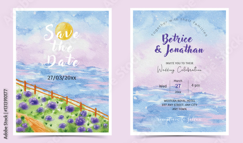 Watercolor Purple Floral Field with Grass and sea Wedding Invitation Template